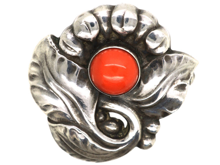 Silver & Coral Flower Brooch by Georg Jensen