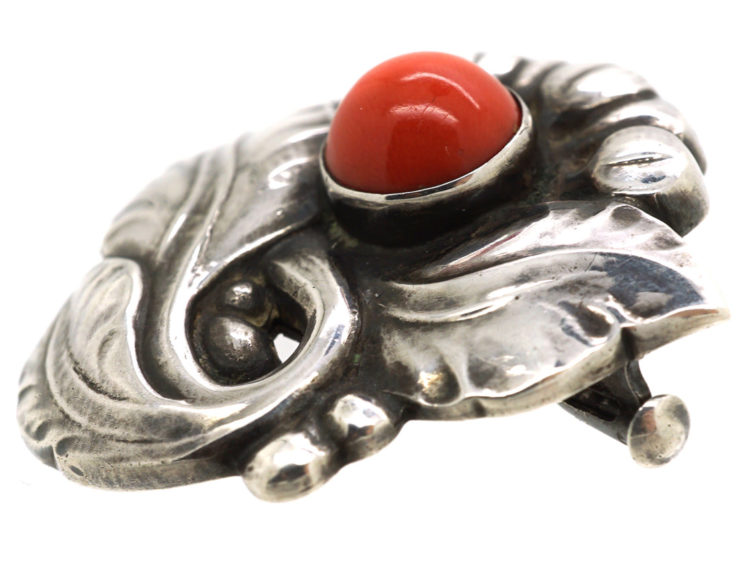 Silver & Coral Flower Brooch by Georg Jensen