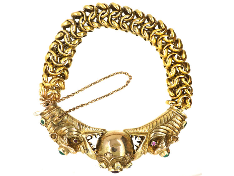 Georgian 18ct Gold Dragon's Heads Bracelet set with Emeralds, Rubies & Diamonds