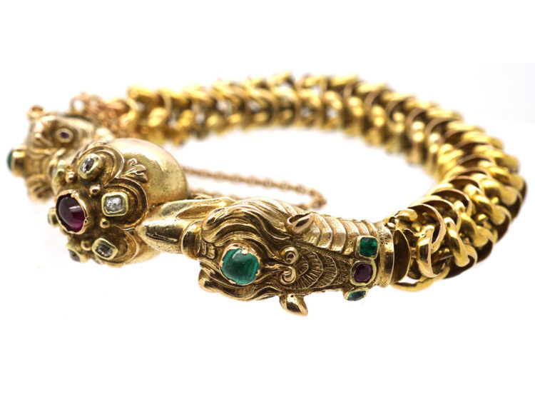 Georgian 18ct Gold Dragon's Heads Bracelet set with Emeralds, Rubies & Diamonds