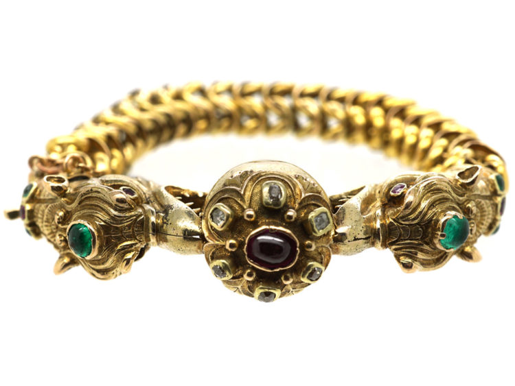 Georgian 18ct Gold Dragon's Heads Bracelet set with Emeralds, Rubies & Diamonds