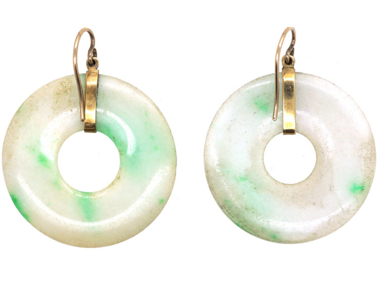 Art Deco Natural Jade & Gold Round Earrings