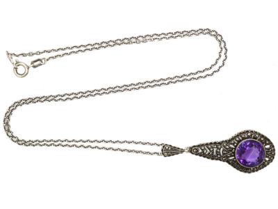 Art Deco Silver, Marcasite & Amethyst Pendant on Silver Chain