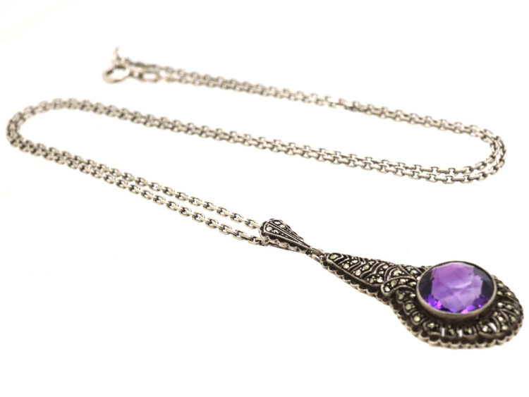 Art Deco Silver, Marcasite & Amethyst Pendant on Silver Chain