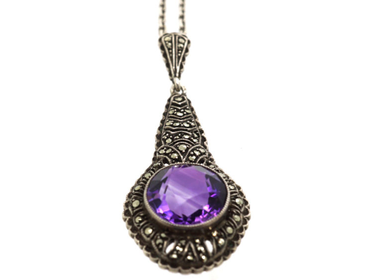 Art Deco Silver, Marcasite & Amethyst Pendant on Silver Chain