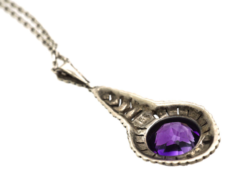 Art Deco Silver, Marcasite & Amethyst Pendant on Silver Chain