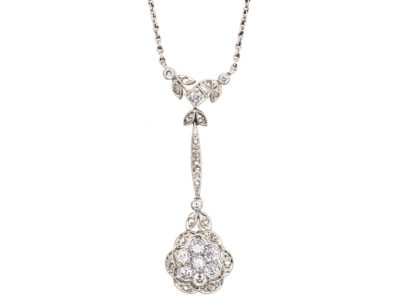 Art Deco 18ct White Gold & Diamond Flower Pendant on 18ct White Gold Chain