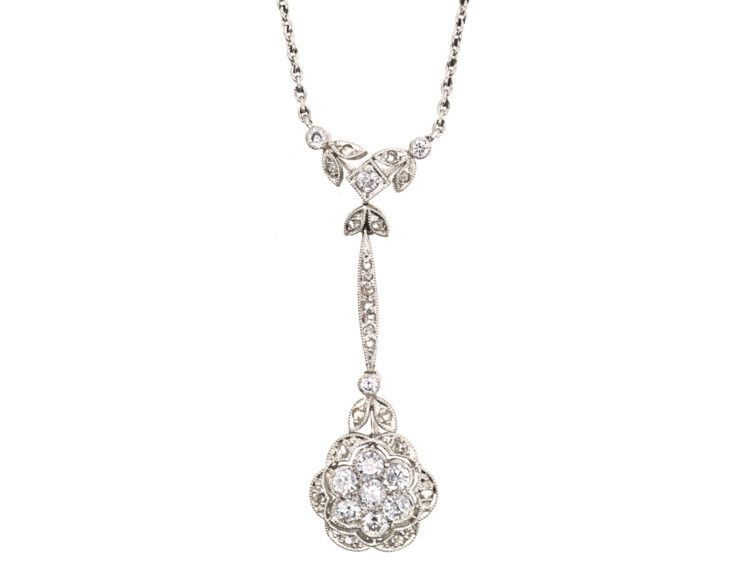 Art Deco 18ct White Gold & Diamond Flower Pendant on 18ct White Gold Chain