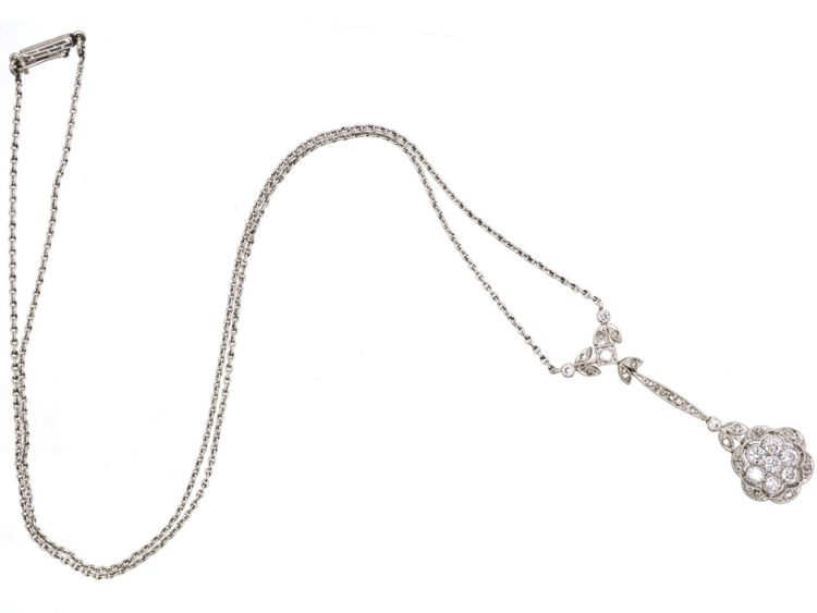 Art Deco 18ct White Gold & Diamond Flower Pendant on 18ct White Gold Chain