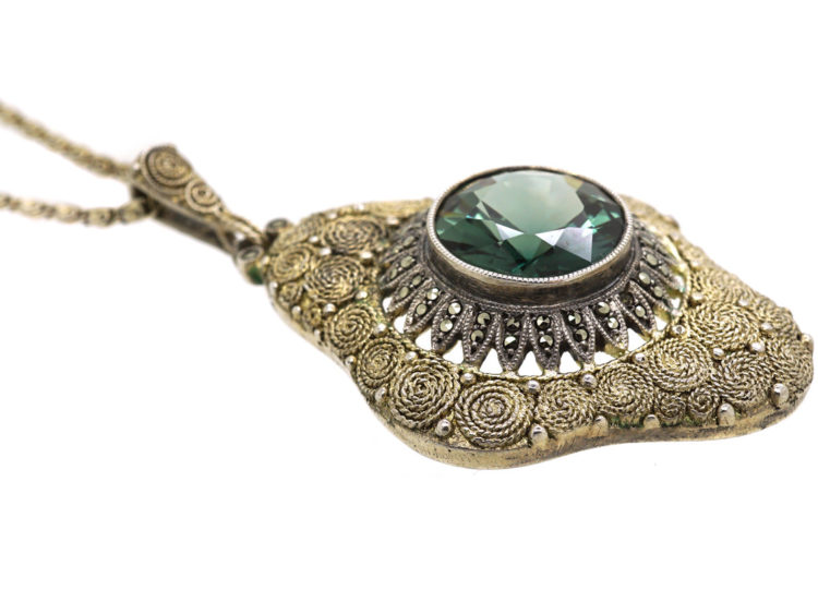 Art Deco Silver Gilt, Marcasite & Synthetic Blue/Green Spinel Pendant by Theodor Fahrner on Silver Chain