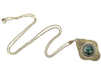 Art Deco Silver Gilt, Marcasite & Synthetic Blue/Green Spinel Pendant by Theodor Fahrner on Silver Chain