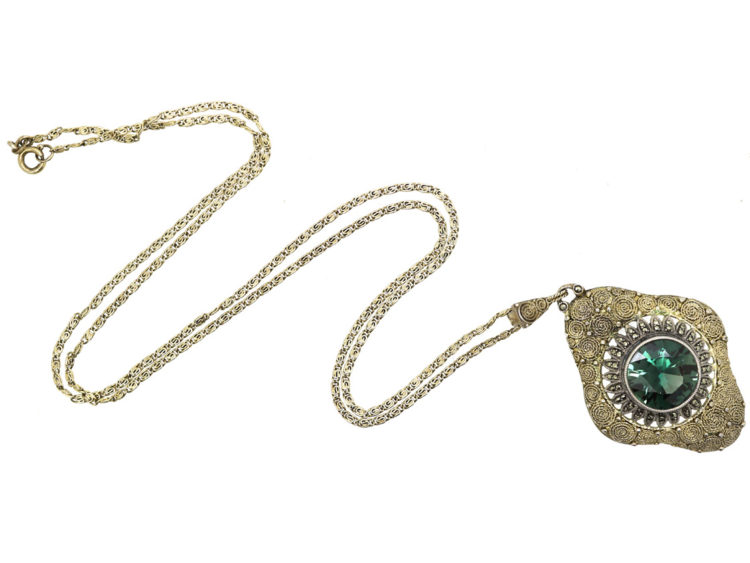 Art Deco Silver Gilt, Marcasite & Synthetic Blue/Green Spinel Pendant by Theodor Fahrner on Silver Chain