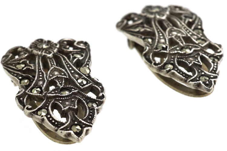 Art Deco Pair of Silver & Marcasite Double Clips