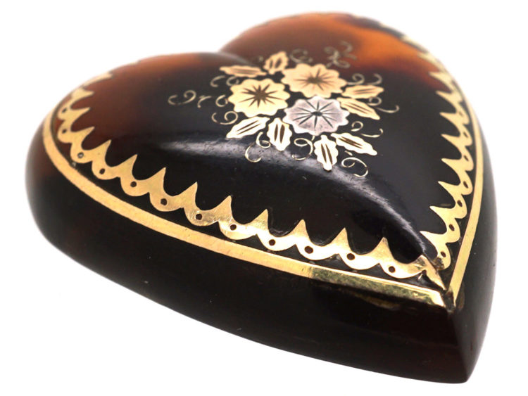 Victorian Tortoiseshell Pique Heart Pendant with Flowers Motif