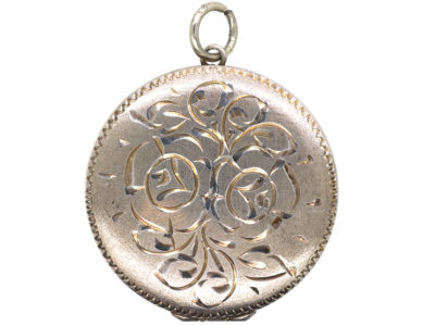 Round Silver Locket with Rose Design