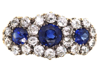 Edwardian 18ct Gold, Triple Cluster Sapphire & Diamond Ring