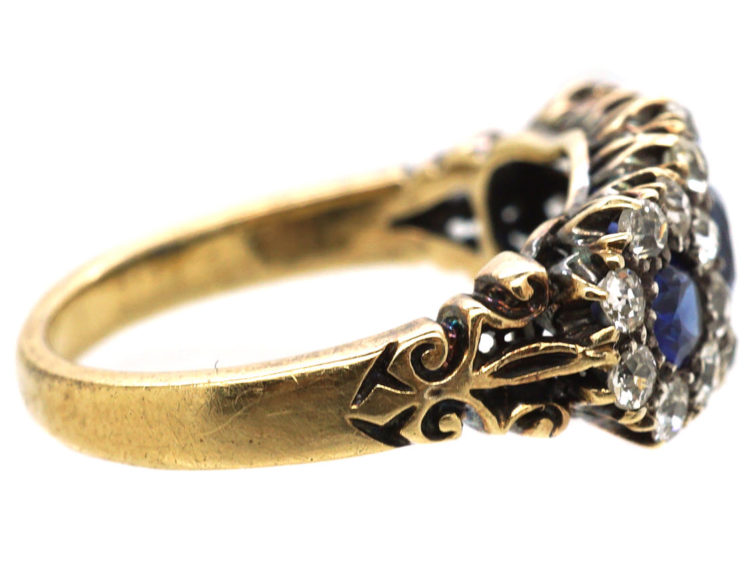 Edwardian 18ct Gold, Triple Cluster Sapphire & Diamond Ring