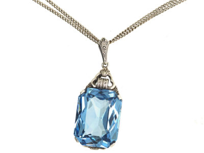 Art Deco Synthetic Blue Spinel Pendant on Silver Chain