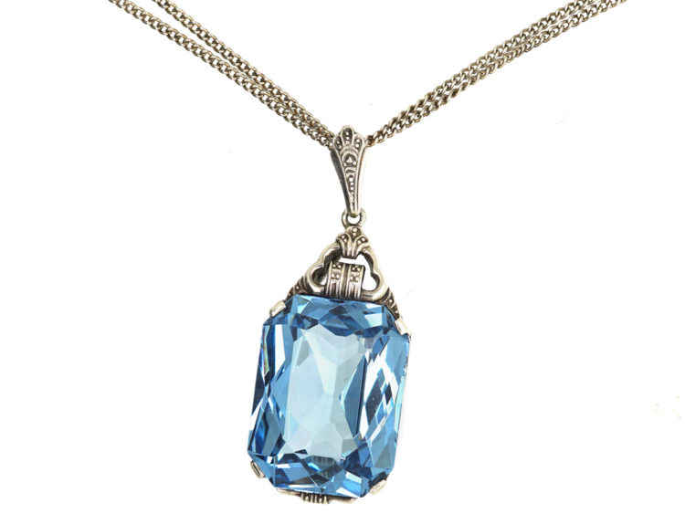 Art Deco Synthetic Blue Spinel Pendant on Silver Chain