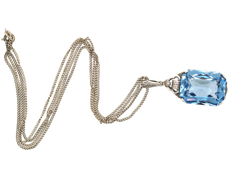 Art Deco Synthetic Blue Spinel Pendant on Silver Chain
