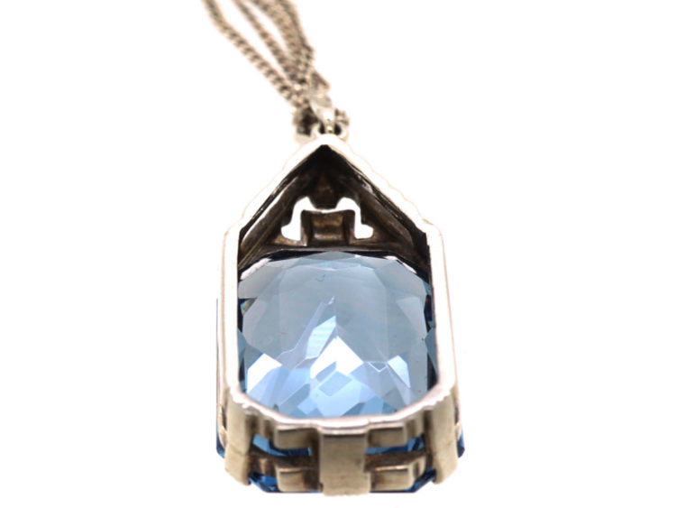 Art Deco Synthetic Blue Spinel Pendant on Silver Chain