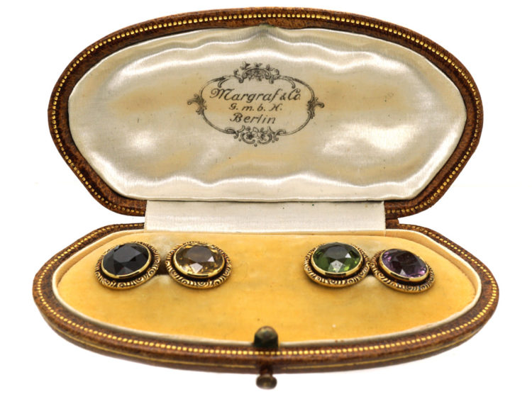 Edwardian 14ct Gold Multi Stone Cufflinks in Original Case