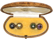 Edwardian 14ct Gold Multi Stone Cufflinks in Original Case