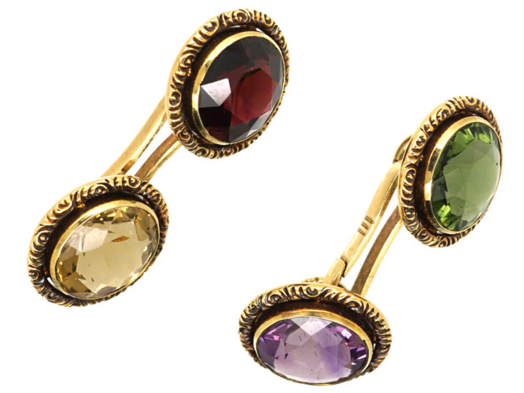 Edwardian 14ct Gold Multi Stone Cufflinks in Original Case
