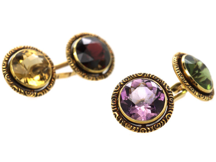 Edwardian 14ct Gold Multi Stone Cufflinks in Original Case