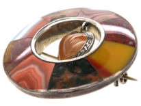 Victorian Scottish Silver Round Agate Brooch with Heart Drop