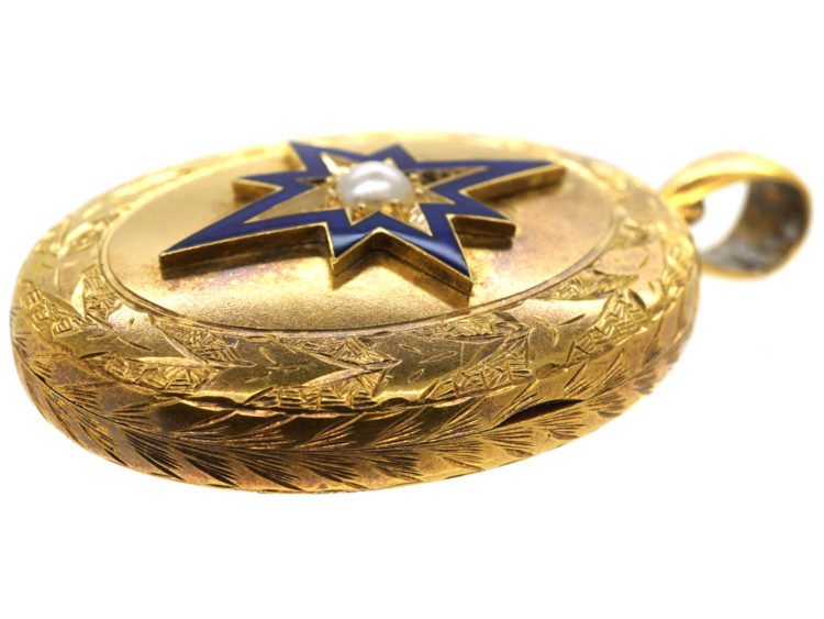Victorian 18ct Oval Locket with Star & Natural Split Pearl Design