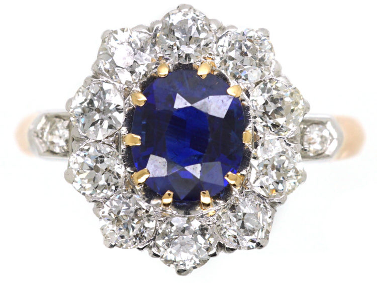 Edwardian 18ct Gold, Sapphire & Diamond Oval Cluster Ring