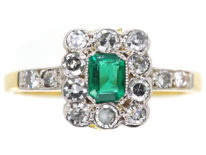 Art Deco 18ct Gold & Platinum Rectangular Ring set with an Emerald & Diamond with Diamond Set Shoulders