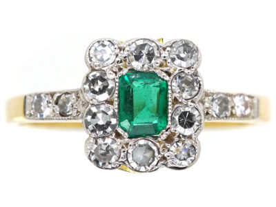 Art Deco 18ct Gold & Platinum Rectangular Ring set with an Emerald & Diamond with Diamond Set Shoulders