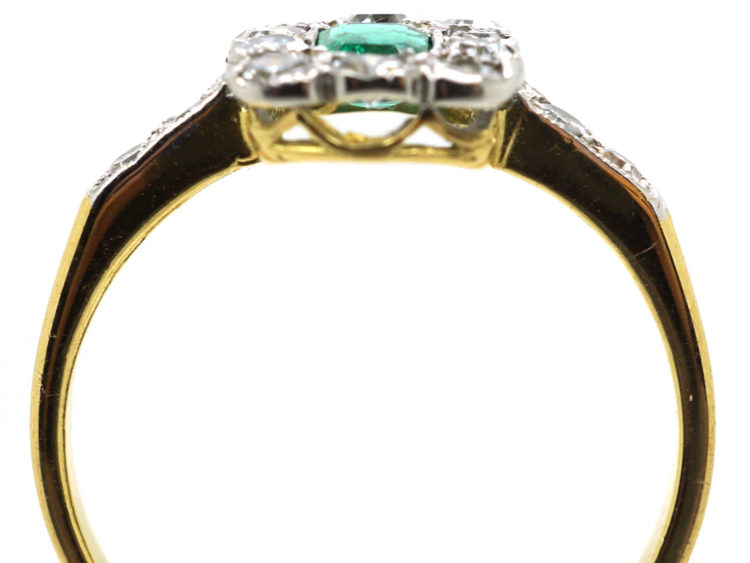 Art Deco 18ct Gold & Platinum Rectangular Ring set with an Emerald & Diamond with Diamond Set Shoulders