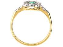 Art Deco 18ct Gold & Platinum Rectangular Ring set with an Emerald & Diamond with Diamond Set Shoulders