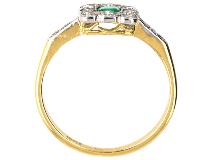 Art Deco 18ct Gold & Platinum Rectangular Ring set with an Emerald & Diamond with Diamond Set Shoulders