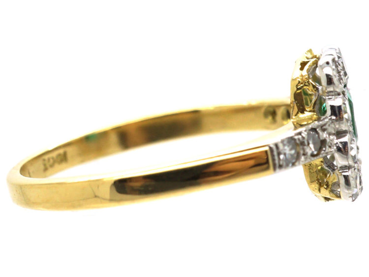 Art Deco 18ct Gold & Platinum Rectangular Ring set with an Emerald & Diamond with Diamond Set Shoulders