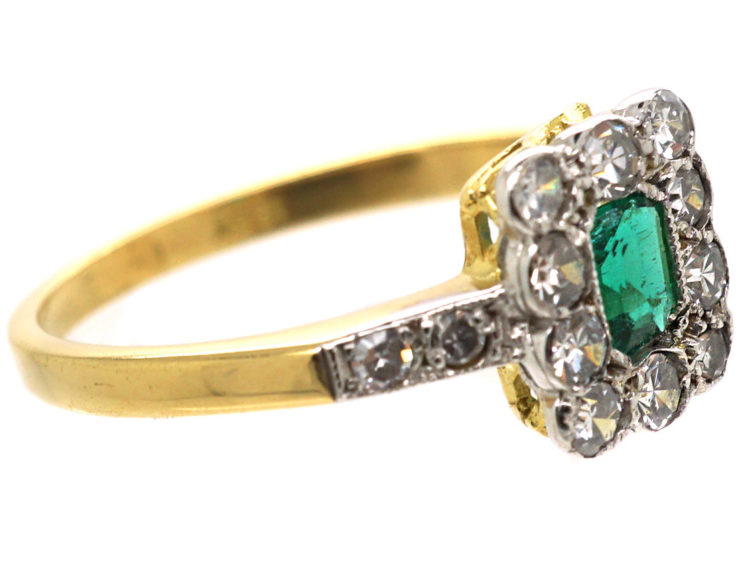 Art Deco 18ct Gold & Platinum Rectangular Ring set with an Emerald & Diamond with Diamond Set Shoulders