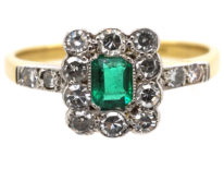Art Deco 18ct Gold & Platinum Rectangular Ring set with an Emerald & Diamond with Diamond Set Shoulders