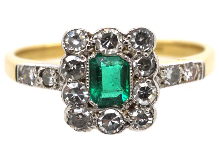 Art Deco 18ct Gold & Platinum Rectangular Ring set with an Emerald & Diamond with Diamond Set Shoulders