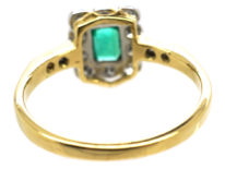 Art Deco 18ct Gold & Platinum Rectangular Ring set with an Emerald & Diamond with Diamond Set Shoulders
