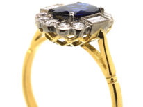18ct Gold Sapphire & Diamond Oval Cluster Ring with Baguette Diamonds on Either Side