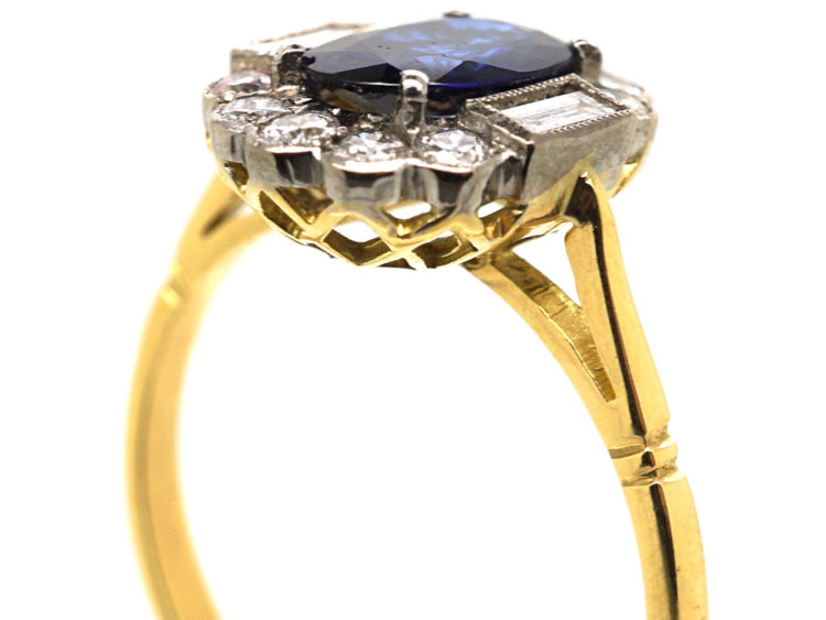 18ct Gold Sapphire & Diamond Oval Cluster Ring with Baguette Diamonds on Either Side