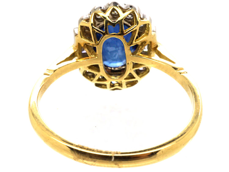 18ct Gold Sapphire & Diamond Oval Cluster Ring with Baguette Diamonds on Either Side