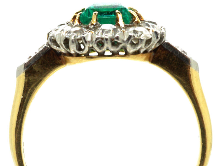 Edwardian 18ct Gold Emerald & Diamond Rectangular Cluster Ring with Diamond Set Shoulders