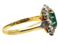 Edwardian 18ct Gold Emerald & Diamond Rectangular Cluster Ring with Diamond Set Shoulders