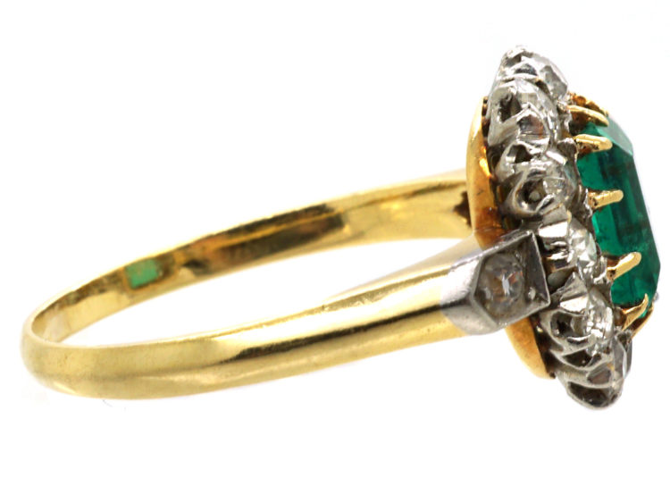 Edwardian 18ct Gold Emerald & Diamond Rectangular Cluster Ring with Diamond Set Shoulders