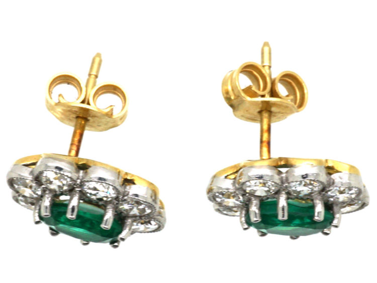 18ct White & Yellow Gold, Emerald & Diamond Oval Cluster Earrings