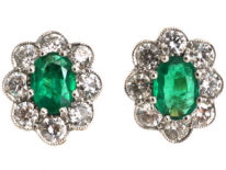 18ct White & Yellow Gold, Emerald & Diamond Oval Cluster Earrings
